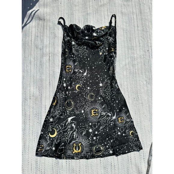 Wednesday's Girl Slip Dress Women's Extra Small Black Celestial Print Cowl Neck - Picture 4 of 7